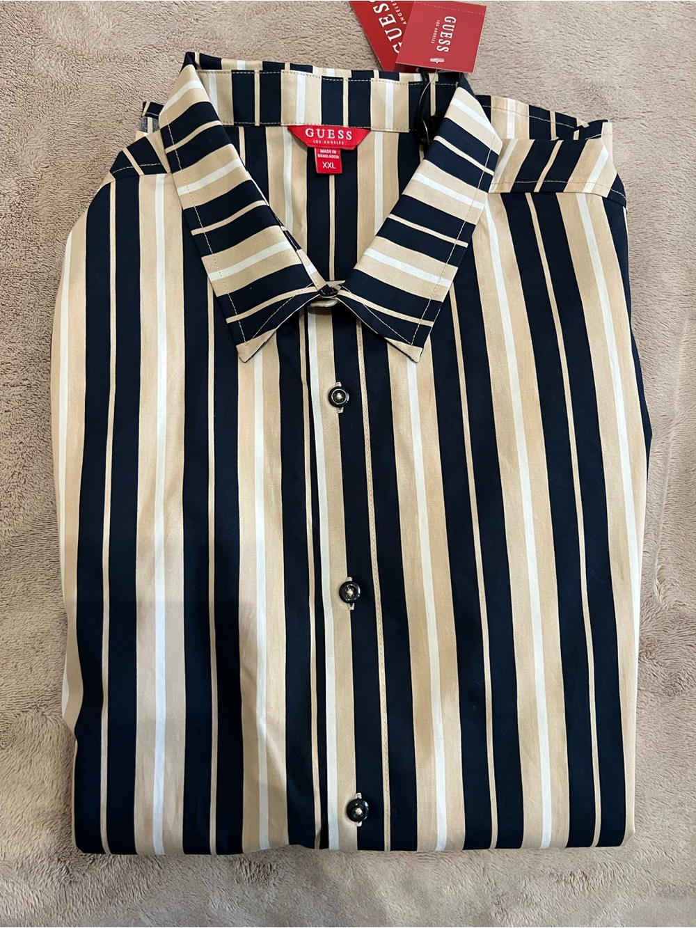 GUESS Men’s Navy & Beige Vertical Stripe Button-Down Shirt